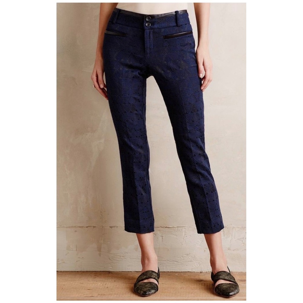Anthropologie Cartonnier Charlie Ankle Pants Navy Lace Geometric Leather Trim